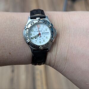 Wenger Swiss Silver and Black Leather Women's Watch